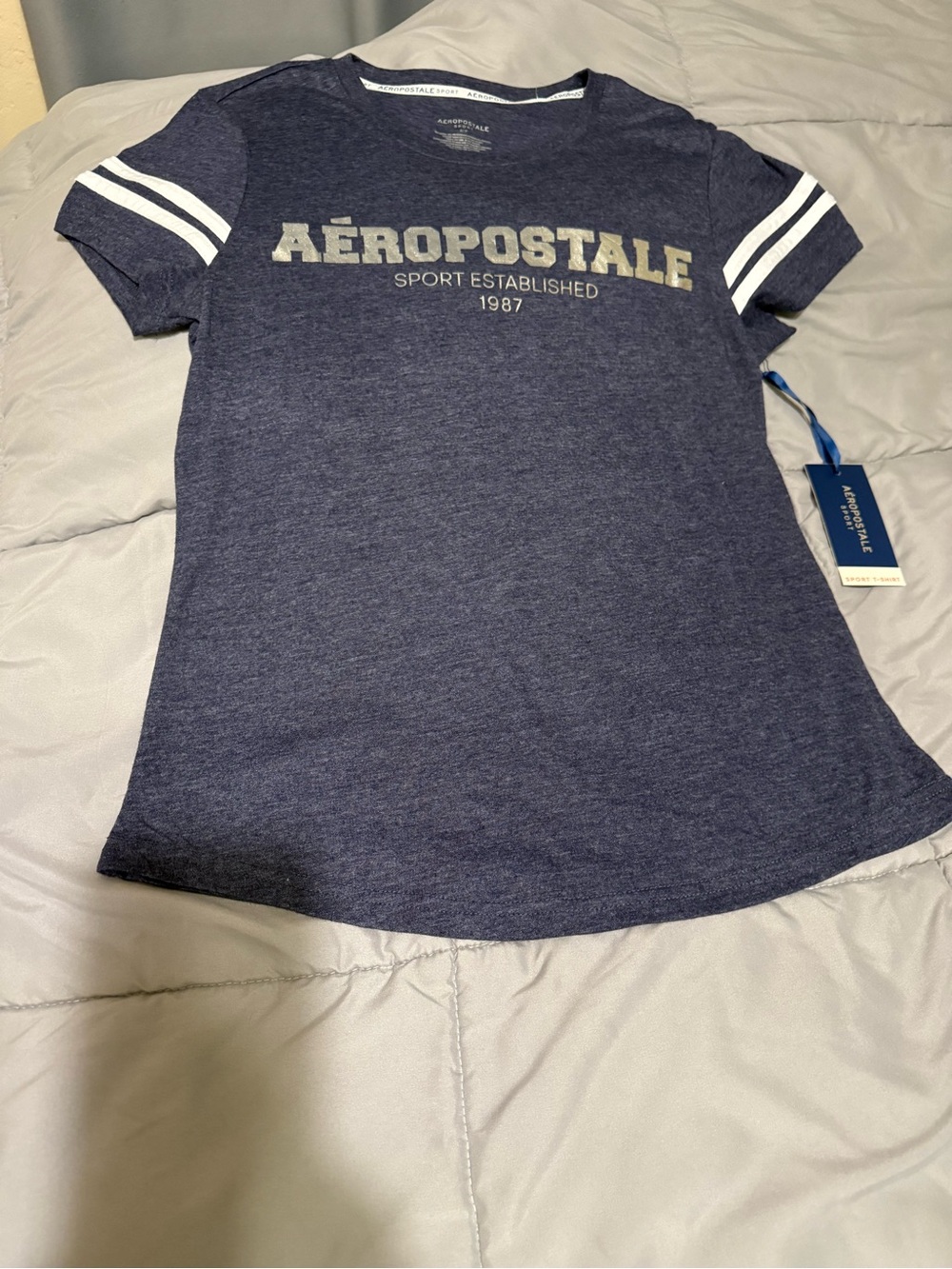 Aeropostale Navy Short Sleeve Tee with White Sleeve Stripes